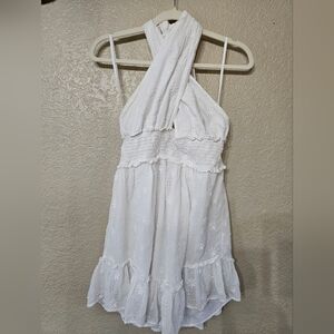 Aerie Cotton White Halter Dress With Eyelet Detail